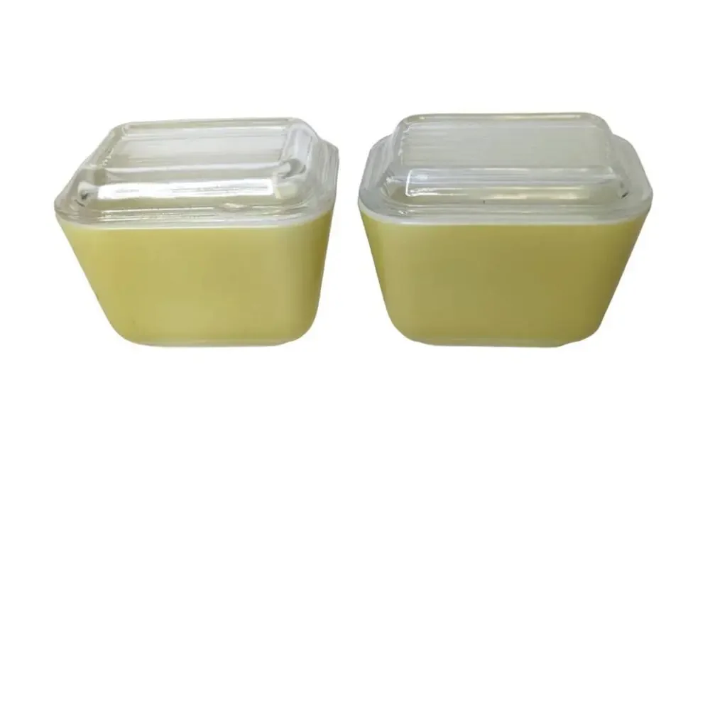 Set of 2 Vintage Pyrex yellow green fridgies 501 B 1 1/2 cup PYREX USA Made